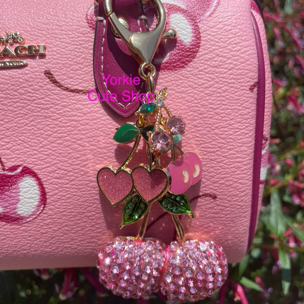 New Handmade Pink Cherries Charm for Purse, Bag or use as a keychain